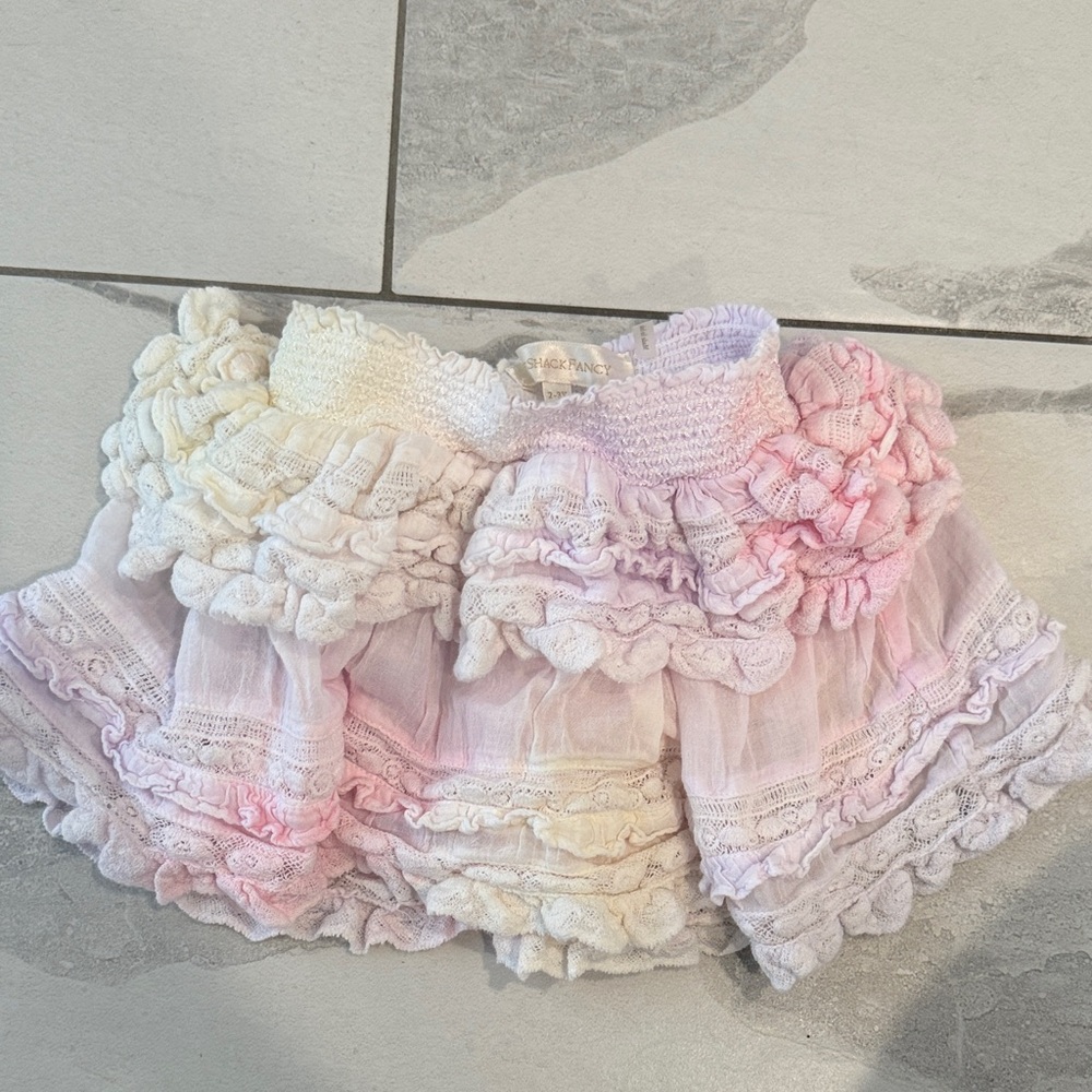 LoveShackFancy Pink and Cream Ruffled Skirt